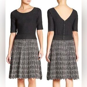Taylor Charcoal/Cream Mock Button V-Back Fit & Flare Sweater Dress Size Medium